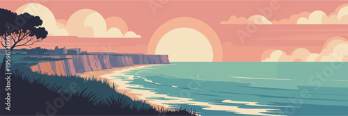 Sunset paints sky in warm pastels above calm sea. Cliffside silhouette frames tranquil waters, gentle waves lapping shore. Tree stands tall, dark against glowing horizon