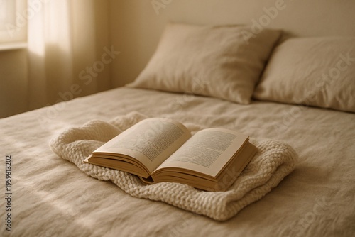Cozy Open Book on Soft Bed Linen