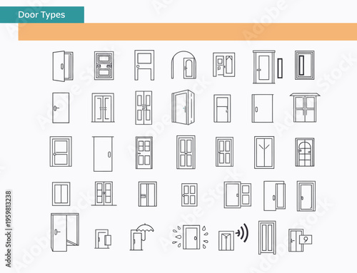 interior and exterior door icon collection, line vector set including sliding folding glass doors, modern minimal style with editable strokes, perfect for design projects, blueprints, and UI/UX applic