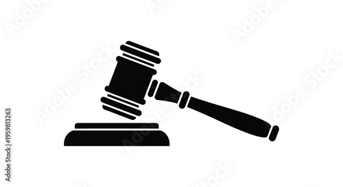 A black silhouette of a gavel resting on a sound block silhouette