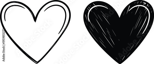 Stylized heart illustration with outlined and solid black design, contrasting textures and artistic accents, symbolizing love, duality, romance, and modern graphic concept art.
