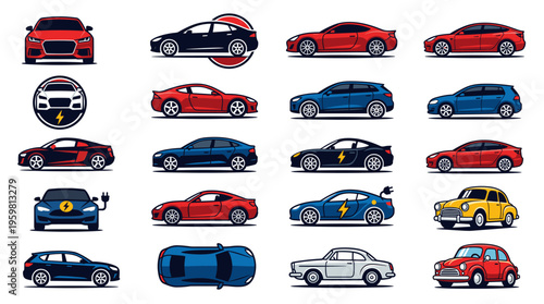 Collection of various modern and classic car illustrations, showcasing different styles and colors.