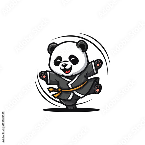 A cheerful cartoon panda in a shaolin uniform performs a kung fu kick with motion lines, conveying a playful mood on a white background