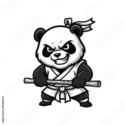 A cartoon shaolin panda bear in a traditional uniform holds a staff with a fierce expression on a white background