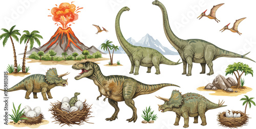 Prehistoric dinosaurs and volcano eruption in ancient landscape with palm trees and flying reptiles