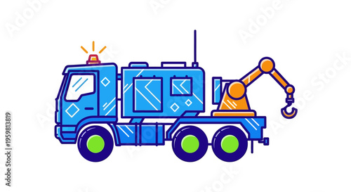Blue Tow Truck with Crane Arm.