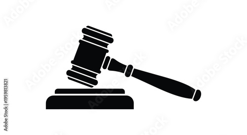 A black silhouette of a gavel resting on a sound block silhouette