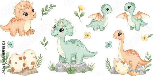 Whimsical watercolor illustration of cute cartoon dinosaurs and flowers for kids or children