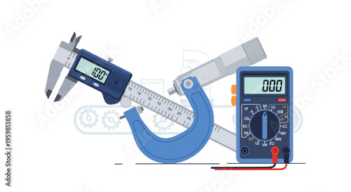 Industrial Precision Measuring Tools Vector Illustration: Digital Caliper, Micrometer, Multimeter for Engineering, Quality Control