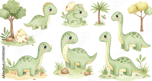 Watercolor illustration of various green dinosaurs and plants in a prehistoric landscape scene together