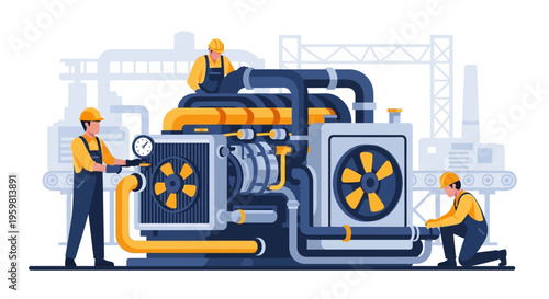 Industrial Engineers & Technicians Maintaining Factory Machinery & Complex Equipment. Professional Maintenance Team Working on Production System.