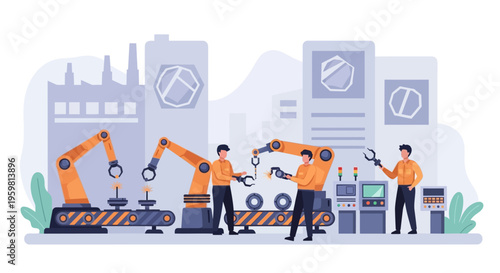 Industrial Automation Factory with Robotic Arms & Workers. Smart Manufacturing Assembly Line Production, Industry 4.0 Technology. Modern Vector Illustration.