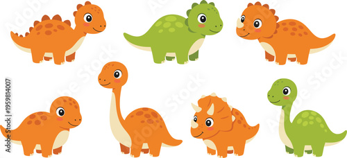 Seven cute cartoon dinosaurs in orange and green colors on white background together