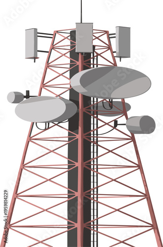 3D cellular communication tower with antennas and satellite dishes, wireless network infrastructure, telecommunication technology concept isolated on white background