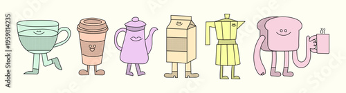 Set of hand-drawn mascots with characters related to coffee