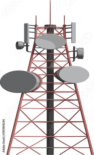 3D cellular communication tower with antennas and satellite dishes, wireless network infrastructure, telecommunication technology concept isolated on white background