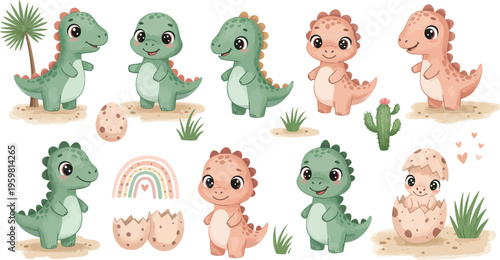 Cute cartoon dinosaurs and desert plants for kids illustrations and design projects featuring prehistoric creatures