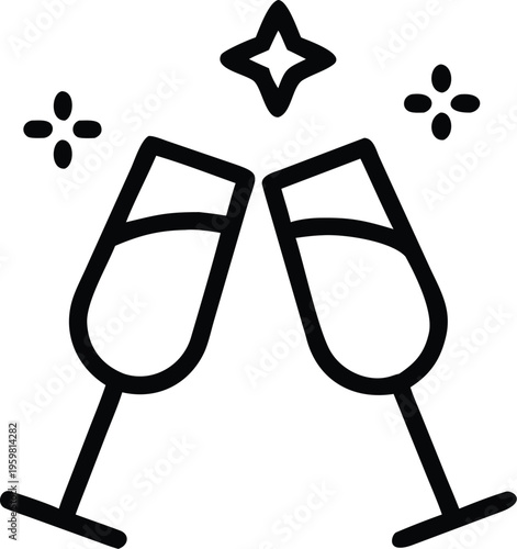 A minimalist black and white illustration depicts two champagne flutes clinking together adorned with sparkling star shaped and circular elements high quality professional detailed modern elegant