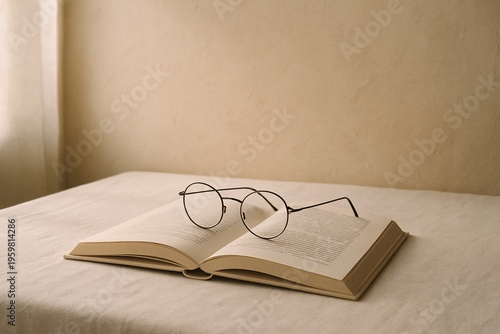 Minimalist Reading Scene with Book and Glasses
