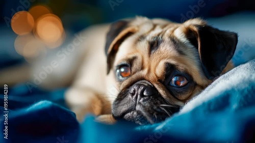 Close-up of a sleepy pug resting on blue blankets, expressing comfort, companionship, and cozy pet life