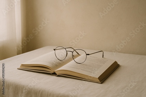 Minimalist Reading Scene with Book and Glasses