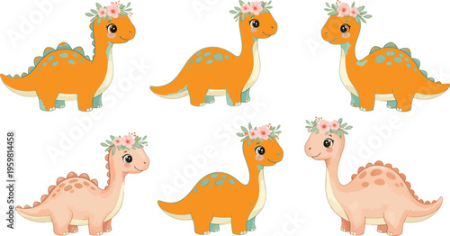 Six cute cartoon dinosaurs in different poses and colors on white background