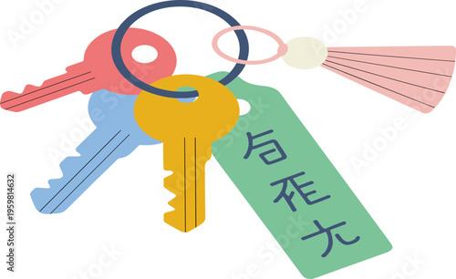 Minimalist keychain with colorful keys and tag, property ownership concept, security access symbol, flat illustration isolated on white background