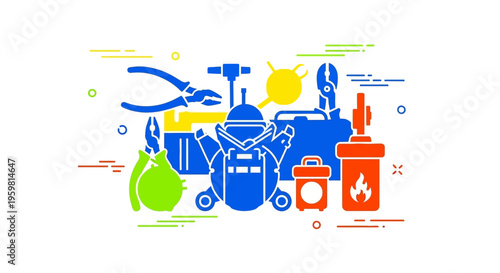 Colorful industrial tools and equipment.