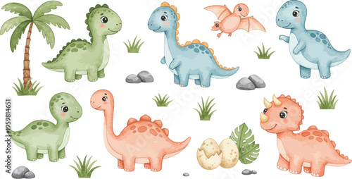 Colorful illustration of various dinosaurs and prehistoric plants on white background for kids