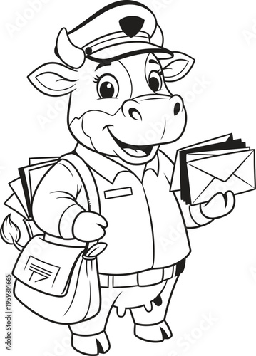 Whimsical cartoon cow dressed as a postal worker carrying a bag and envelopes
