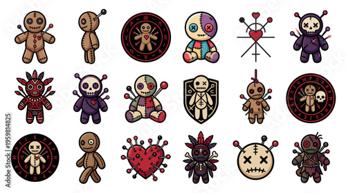 A collection of various voodoo doll illustrations with different designs and styles.