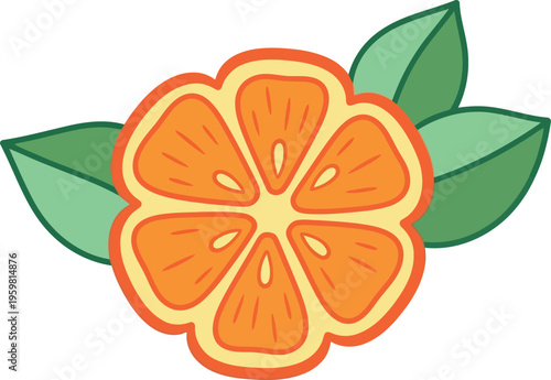 Vector Illustration of Orange Fruit Slice with Green Leaves Isolated on White Background