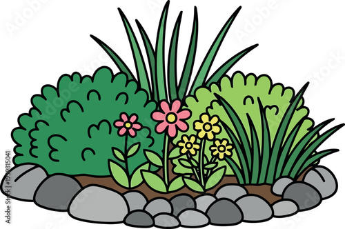 Colorful Garden Flower Bed Illustration with Bushes, Rocks, and Greenery for Landscaping Design
