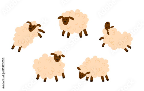 Set of cute white fluffy sheep with curly wool in different poses. Simple flat style, isolated on white. Great for farm, livestock, and nursery projects