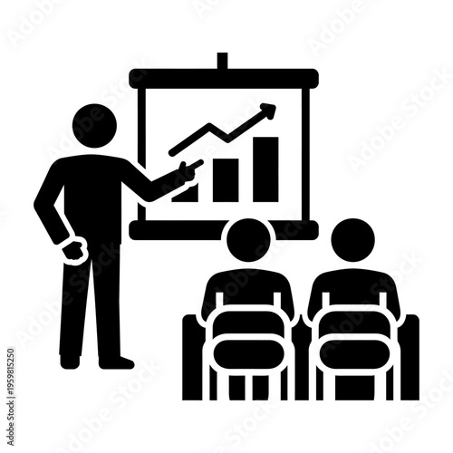 Presenter uses a vector chart to explain data trends to an attentive audience