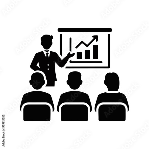 Vector of a businessman presenting a bar chart to an attentive audience