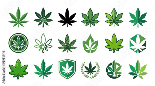 Collection of various stylized cannabis leaf illustrations, showcasing diverse designs and styles.