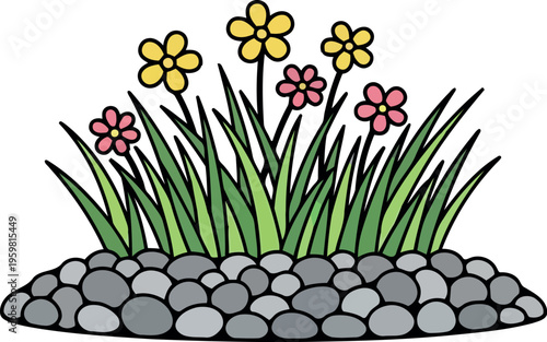 Colorful Cartoon Flower Bed with Decorative Stones and Green Grass Illustration