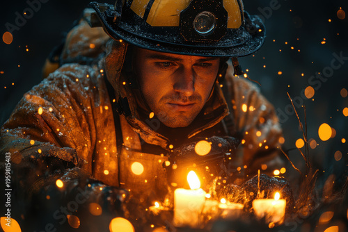 Firefighter in helmet with fire hose.