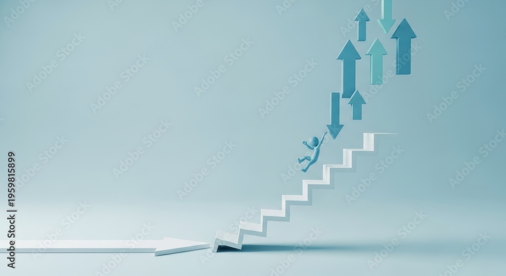 Obraz premium Business person character falling from a white staircase next to rising arrows symbolizing financial failure, career setbacks, and market risk in a 3D render