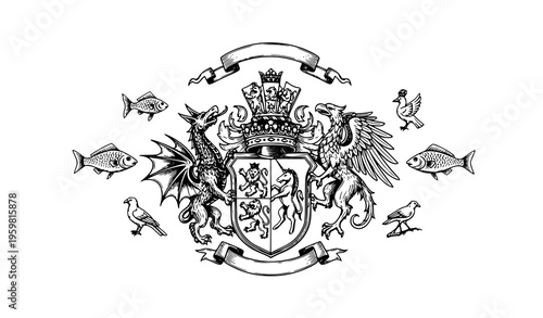 Medieval coat of arms with mythical animals vintage engraved heraldic crest with dragon lion unicorn and eagle