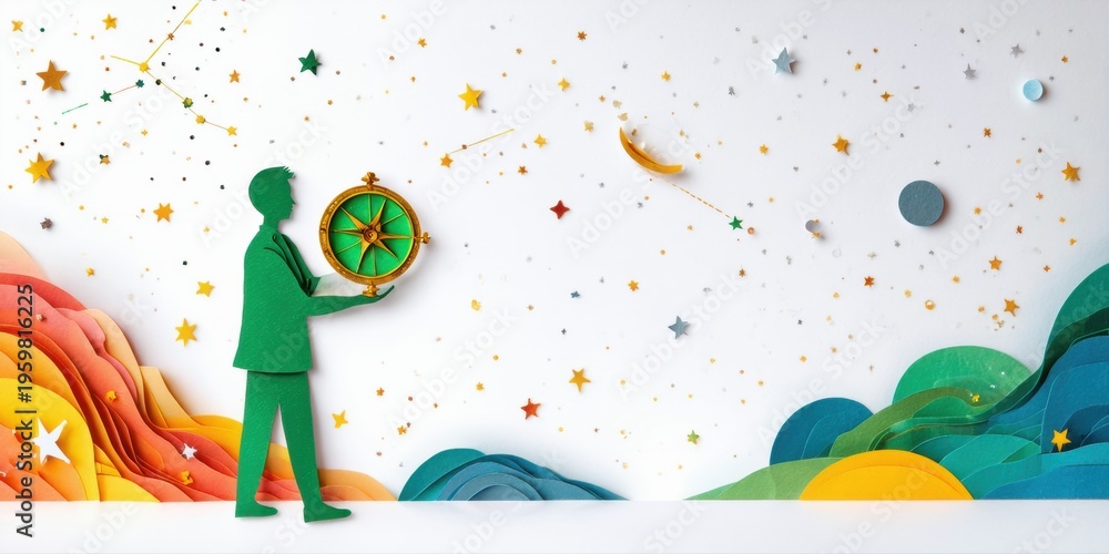 Fototapeta premium Papercraft illustration depicts person holding compass amidst stars, moon, colorful landscape. Dreamlike, whimsical scene evokes exploration, guidance.