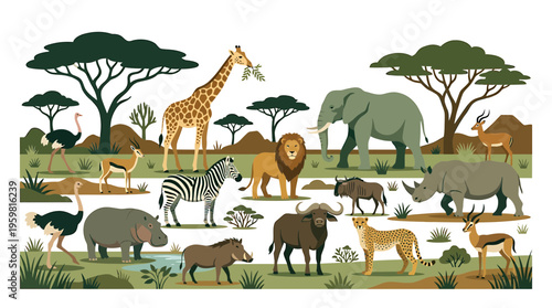 African Safari Animals Collection: Diverse Wildlife in Natural Habitat Illustration