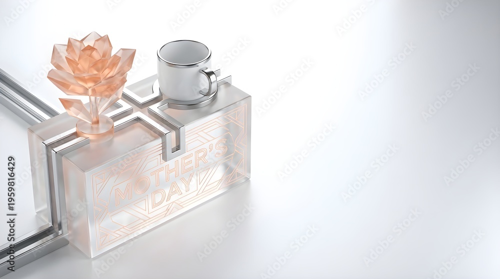 Fototapeta premium 3D render of a futuristic Mother's Day event reminder calendar with peach frosted glass flower and coffee cup on white background 