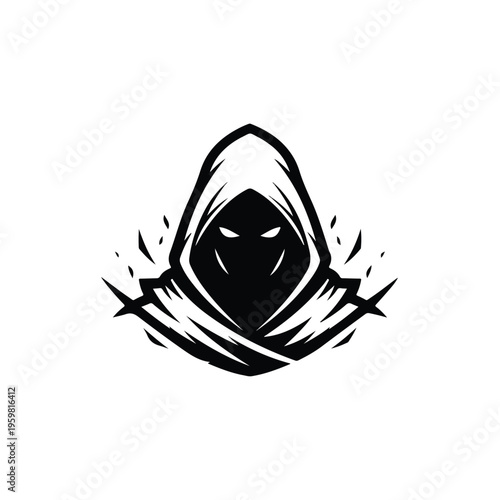 A mysterious hooded figure with glowing eyes, depicted in a bold black and white graphic design, embodying a wizard esport theme with dynamic lines