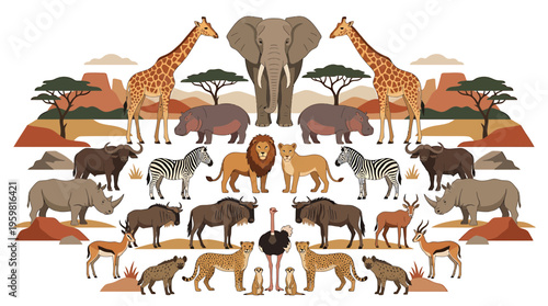 African Safari Animals Collection: Diverse Wildlife in Stylized Landscape