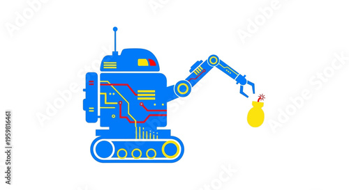 Blue robot with mechanical arm lifting.