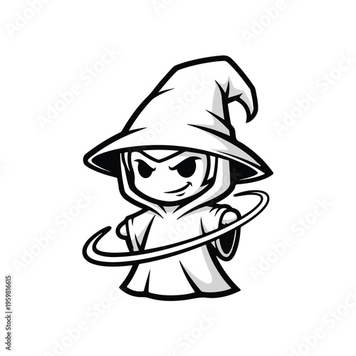 A cartoon wizard character in a hooded robe skillfully handles a glowing hula hoop in a dynamic, monochromatic illustration with bold lines and a playful mood