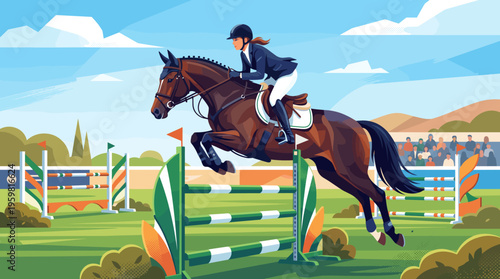 A female equestrian athlete and her horse jumping over a colorful obstacle during a competition.