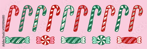 Christmas striped Candy canes and sweets. Holiday pink, green and white stripes. hand drawn Christmas candy canes vector elements for greeting cards, decor and banners design